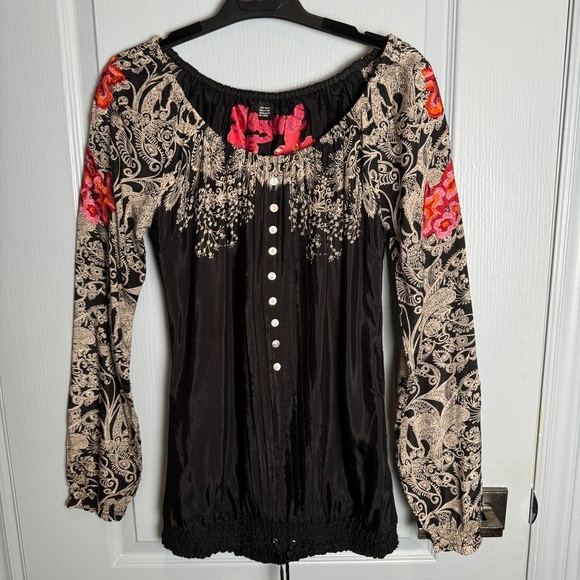 NWT Desigual Boho Blouse Size S Hippie Floral Abstract Artsy Cinch Tie Unique - Picture 4 of 16